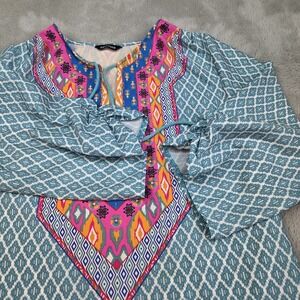 Feitong Tunic Top Womens M Boho Geometric Ikat Print Tassel Split Neck Blue
